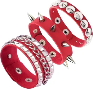 3PCS Leather Bracelets Set Studded Wrap Wrist Cuffs Punk Rock Y2K Emo Wide Wristband Accessories for Teens Women Men