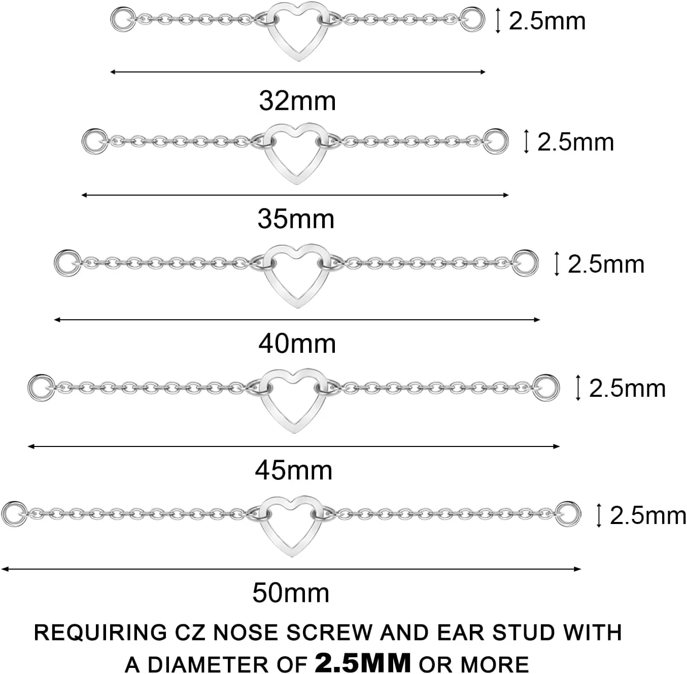 5PCS Nose Chain Surgical Steel Across Top Nose Piercing Jewelry - Double Nostril Bridge Jewelry for Women & Men, Black, Gold, Silver