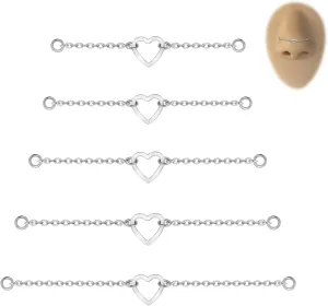 5PCS Nose Chain Surgical Steel Across Top Nose Piercing Jewelry - Double Nostril Bridge Jewelry for Women & Men, Black, Gold, Silver