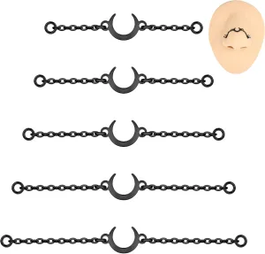 5PCS Nose Chain Surgical Steel Across Top Nose Piercing Jewelry - Double Nostril Bridge Jewelry for Women & Men, Black, Gold, Silver
