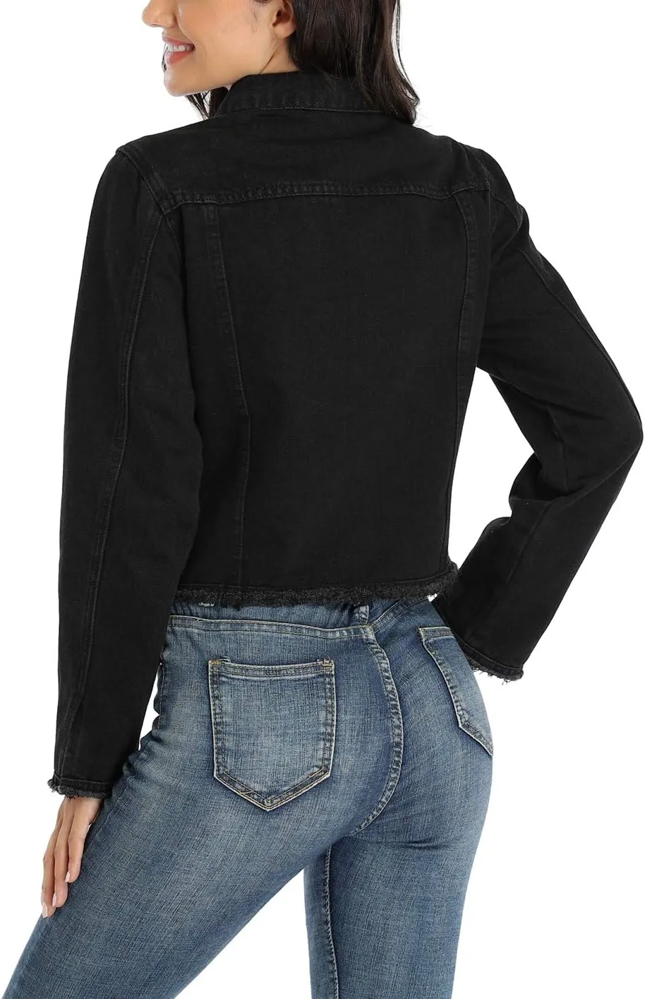 Anienaya Jean Jacket Womens Frayed Washed Button Up Cropped Denim Jacket w 2 Side Pockets