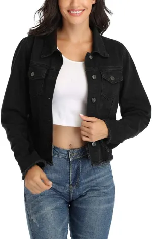 Anienaya Jean Jacket Womens Frayed Washed Button Up Cropped Denim Jacket w 2 Side Pockets