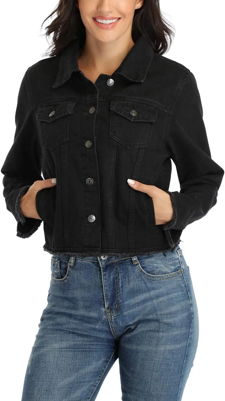 Anienaya Jean Jacket Womens Frayed Washed Button Up Cropped Denim Jacket w 2 Side Pockets