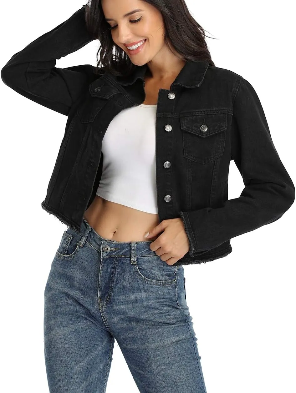 Anienaya Jean Jacket Womens Frayed Washed Button Up Cropped Denim Jacket w 2 Side Pockets