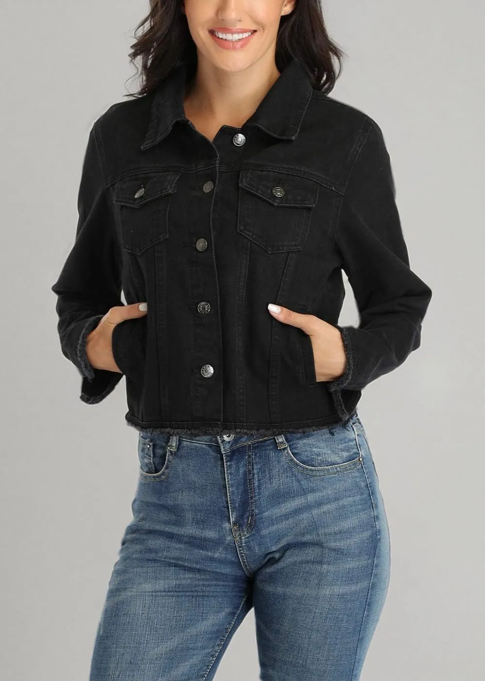 Anienaya Jean Jacket Womens Frayed Washed Button Up Cropped Denim Jacket w 2 Side Pockets