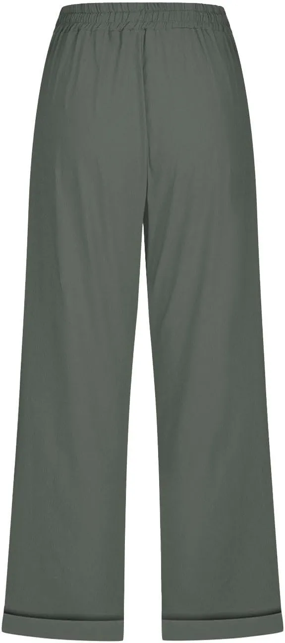 Anjikang Womens Capris for Summer Plus Size Lightweight Linen Capri Pants High Waisted Wide Leg Cropped Pants with Pockets
