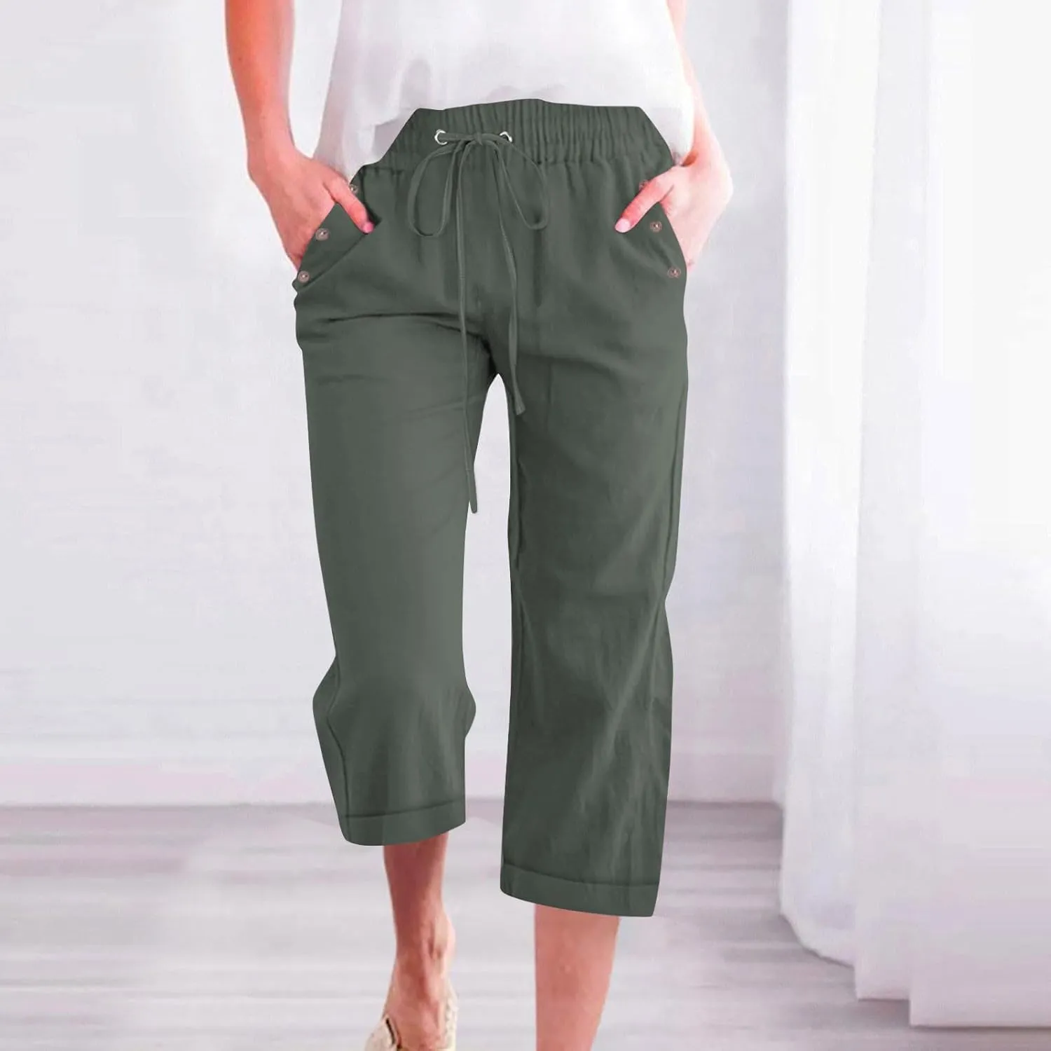 Anjikang Womens Capris for Summer Plus Size Lightweight Linen Capri Pants High Waisted Wide Leg Cropped Pants with Pockets