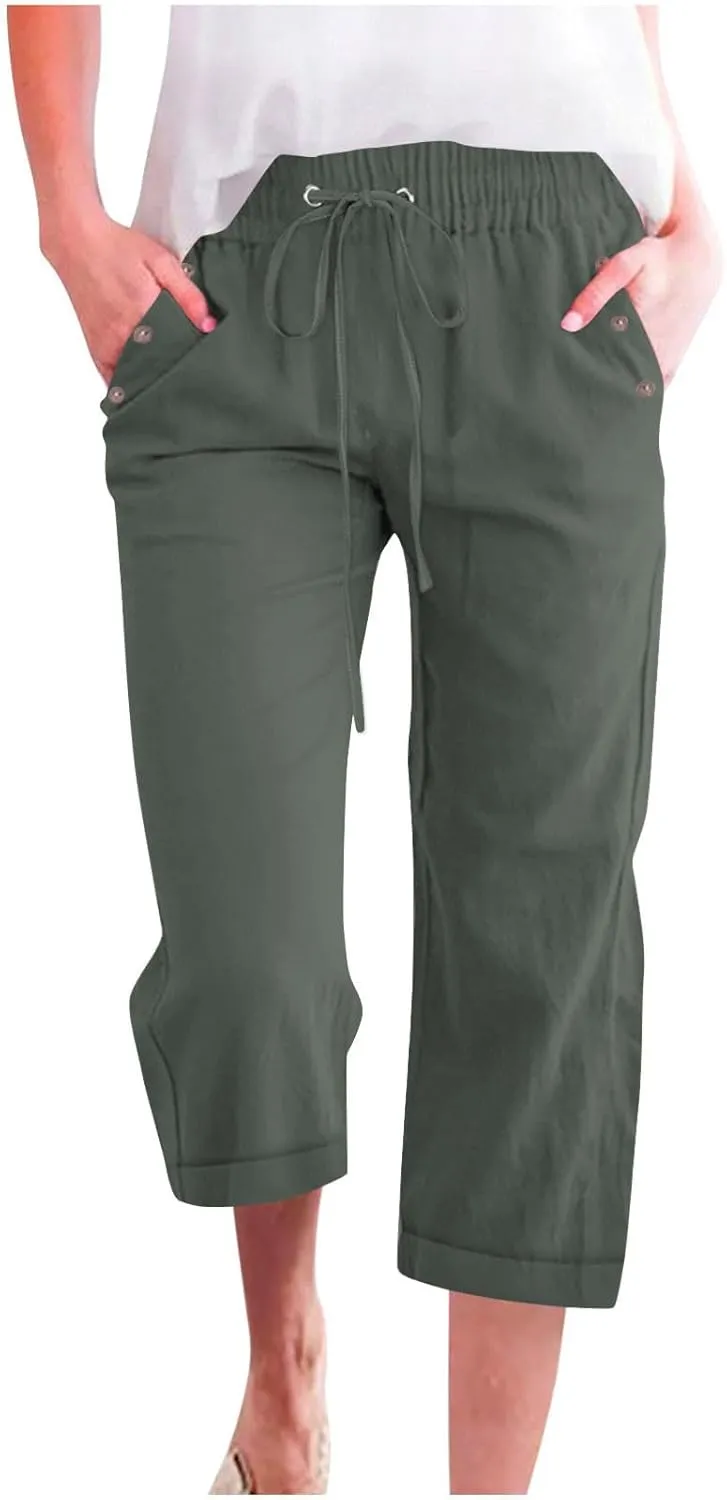 Anjikang Womens Capris for Summer Plus Size Lightweight Linen Capri Pants High Waisted Wide Leg Cropped Pants with Pockets
