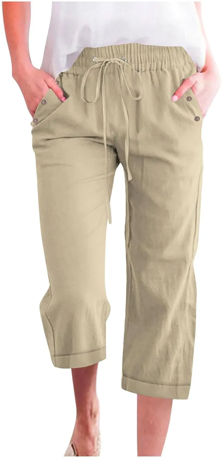Anjikang Womens Capris for Summer Plus Size Lightweight Linen Capri Pants High Waisted Wide Leg Cropped Pants with Pockets