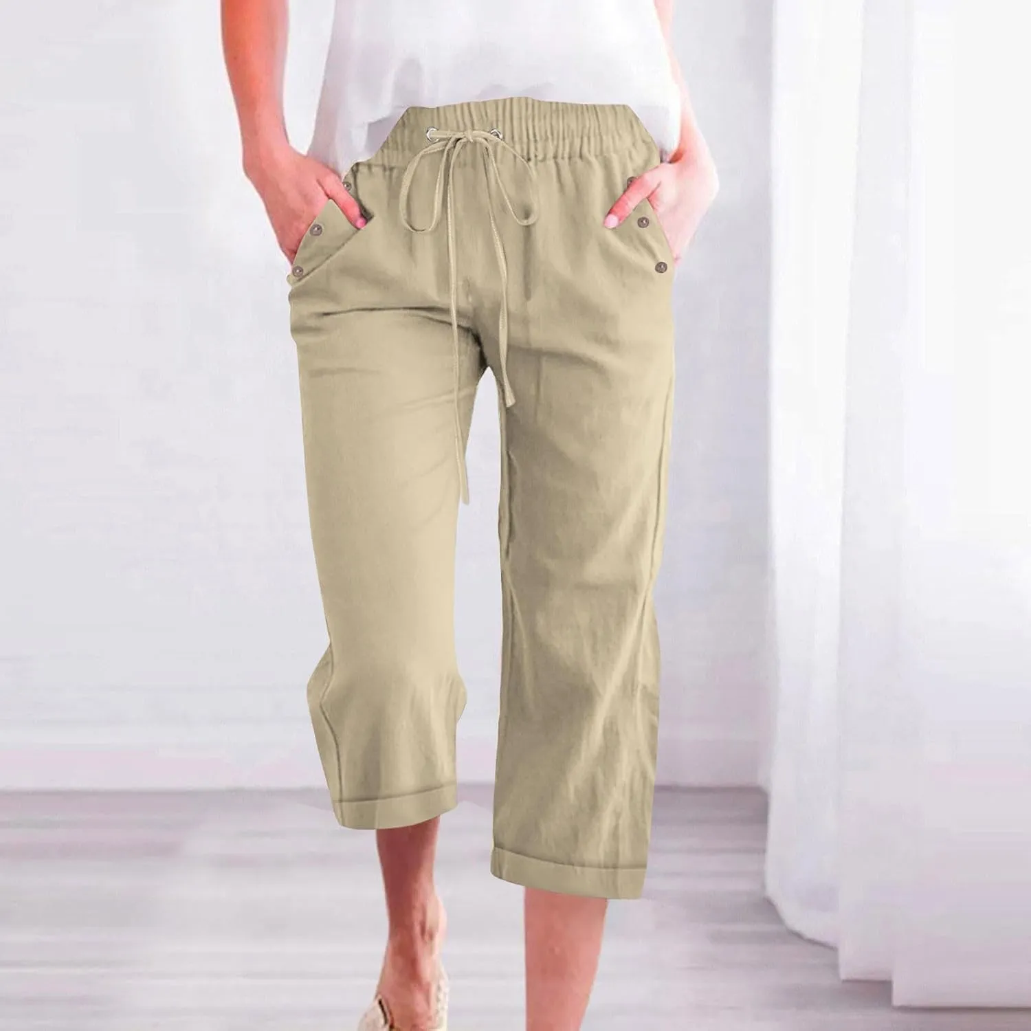 Anjikang Womens Capris for Summer Plus Size Lightweight Linen Capri Pants High Waisted Wide Leg Cropped Pants with Pockets