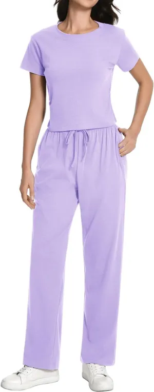 Auriviz Womens 2 Piece Outfits Lounge Sets Ruched Short Sleeve Tops High Waisted Wide Leg Pants Sweat Suits