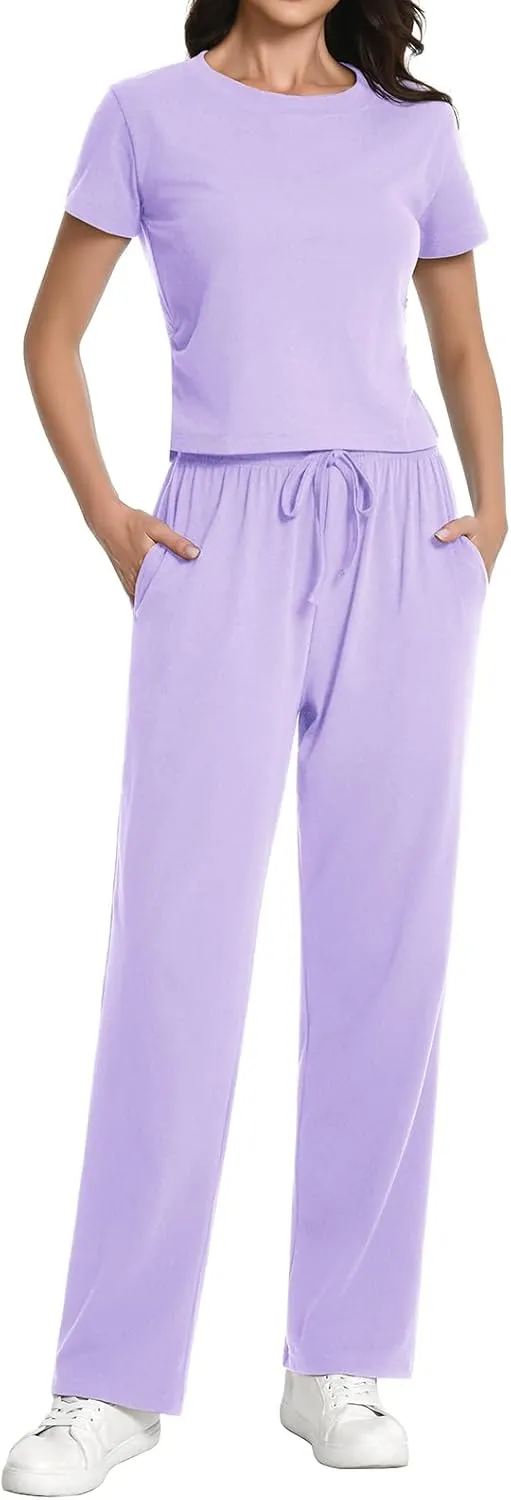 Auriviz Womens 2 Piece Outfits Lounge Sets Ruched Short Sleeve Tops High Waisted Wide Leg Pants Sweat Suits