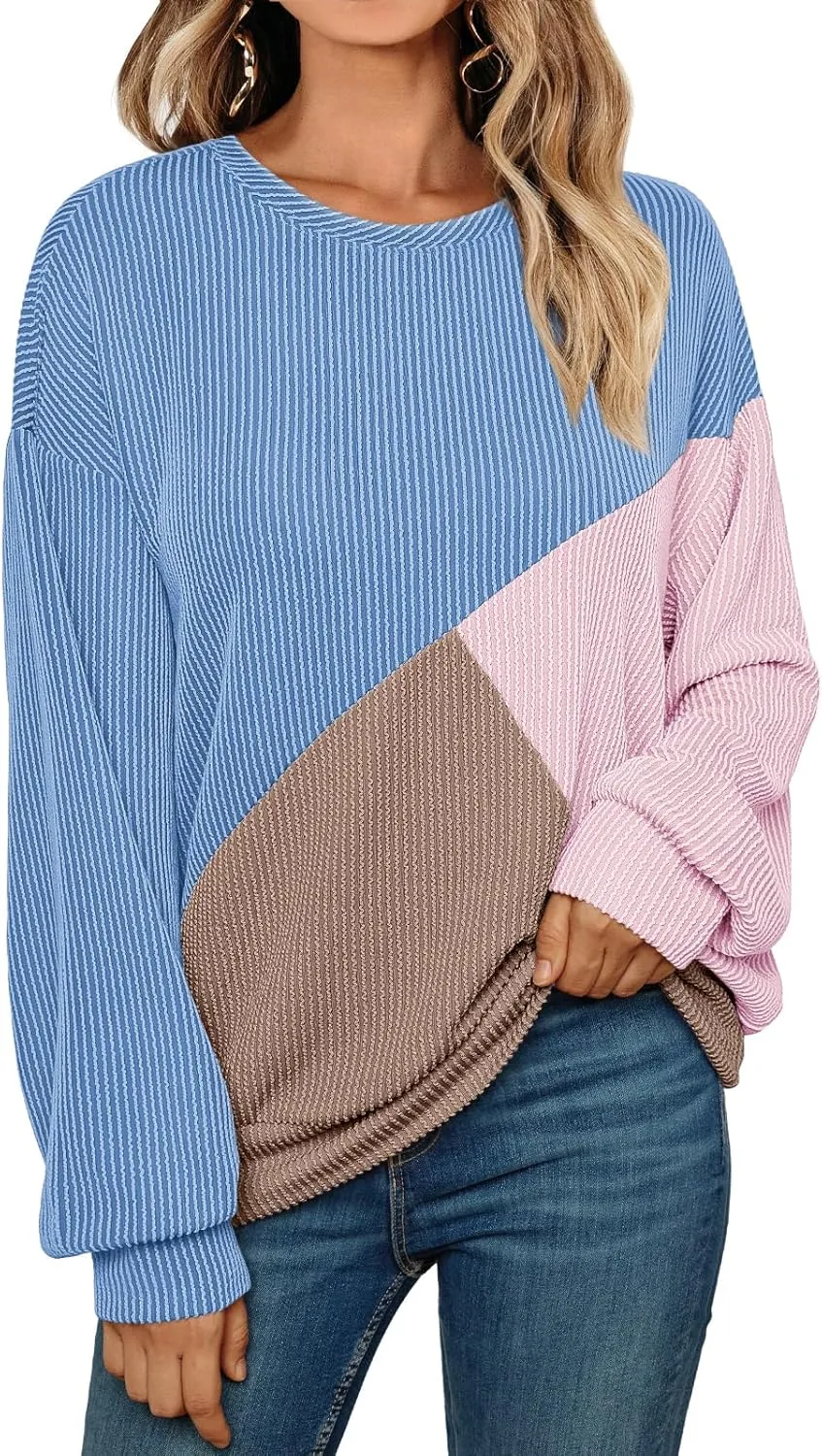 AUTOMET Womens Color Block Long Sleeve Top Crewneck Shirt 2025