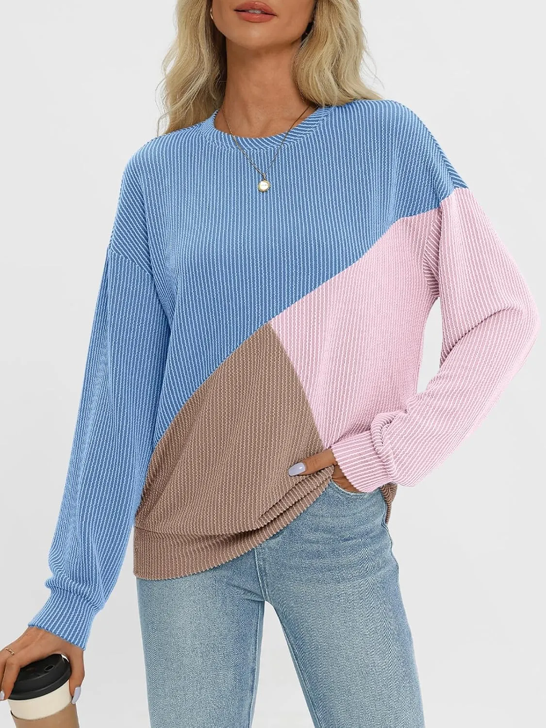 AUTOMET Womens Color Block Long Sleeve Top Crewneck Shirt 2025