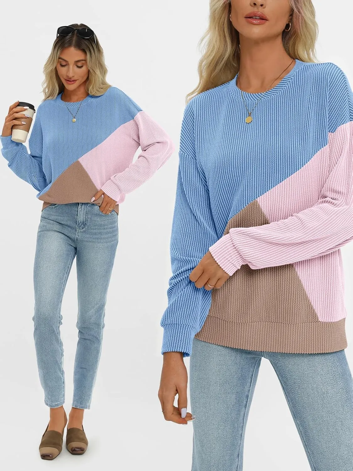 AUTOMET Womens Color Block Long Sleeve Top Crewneck Shirt 2025