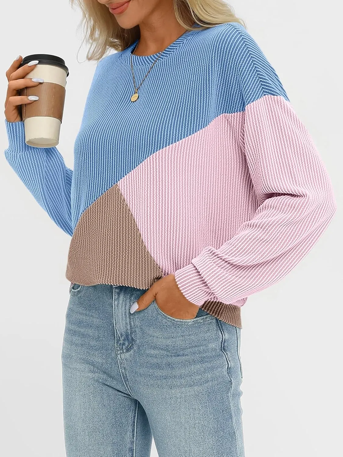 AUTOMET Womens Color Block Long Sleeve Top Crewneck Shirt 2025