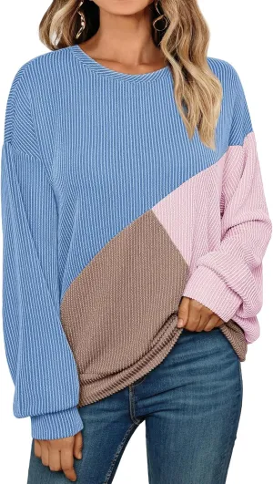 AUTOMET Womens Color Block Long Sleeve Top Crewneck Shirt 2025