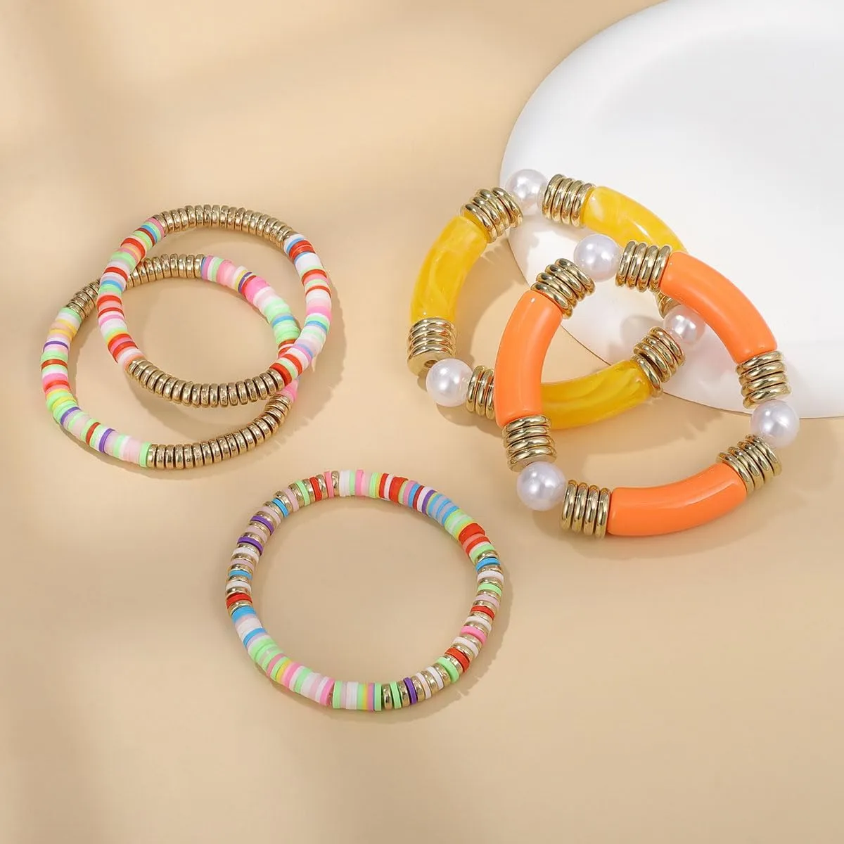 Bangles Bracelets for Women, Chunky Stretch Bangles Bracelets, Stackable Layered Curved Bamboo Tube Bracelet Set, Non Tarnish Silver Bracelets Jewelry Gifts