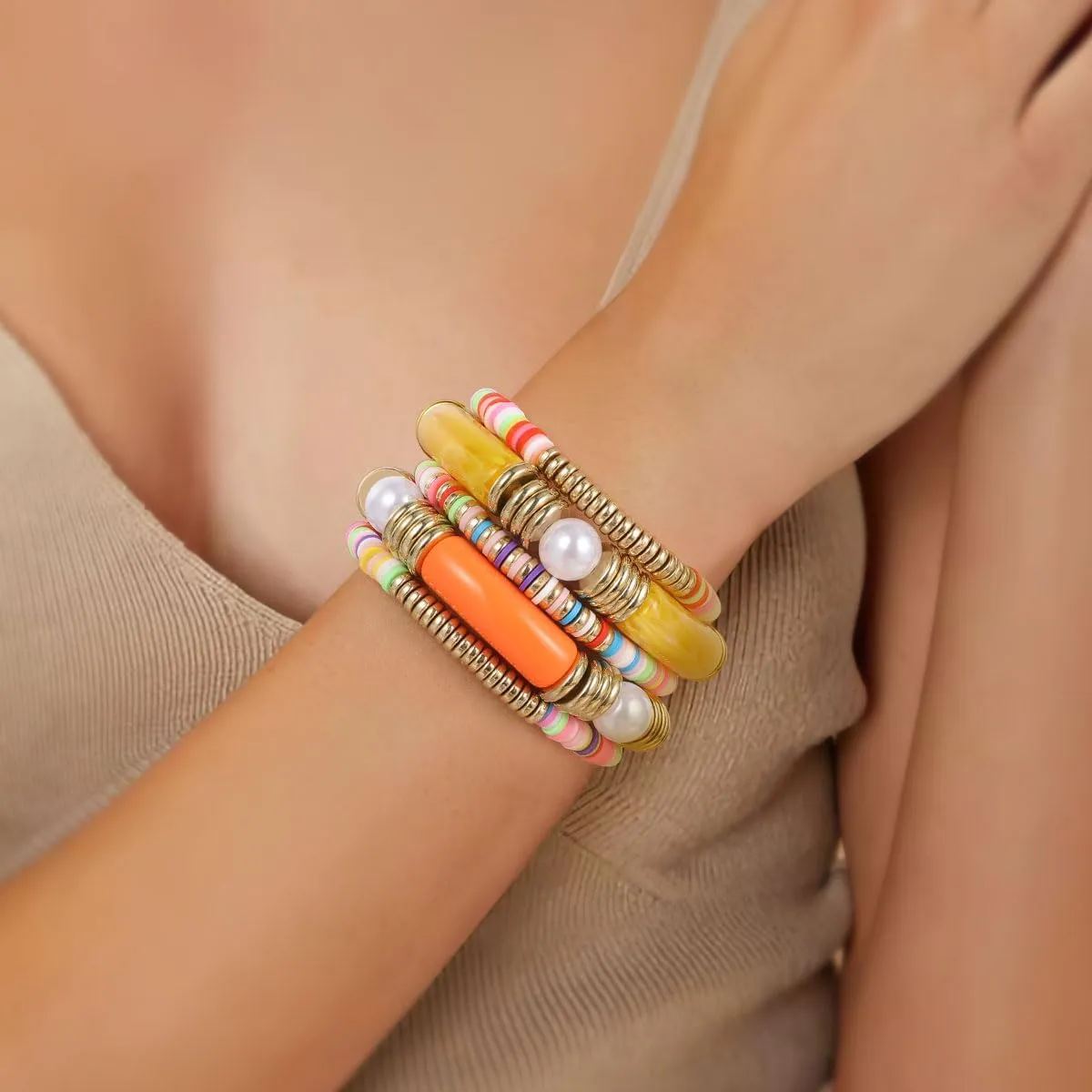 Bangles Bracelets for Women, Chunky Stretch Bangles Bracelets, Stackable Layered Curved Bamboo Tube Bracelet Set, Non Tarnish Silver Bracelets Jewelry Gifts