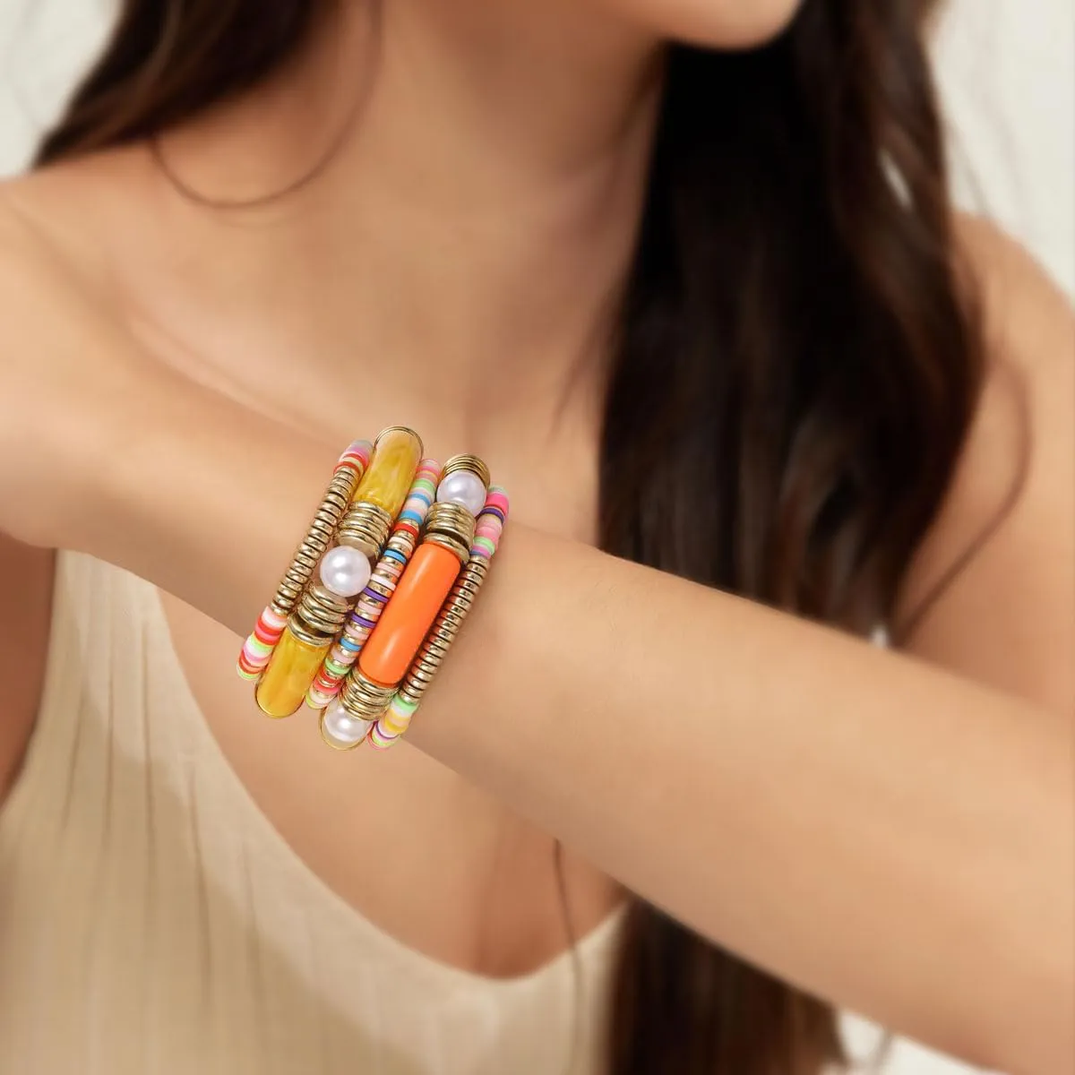 Bangles Bracelets for Women, Chunky Stretch Bangles Bracelets, Stackable Layered Curved Bamboo Tube Bracelet Set, Non Tarnish Silver Bracelets Jewelry Gifts