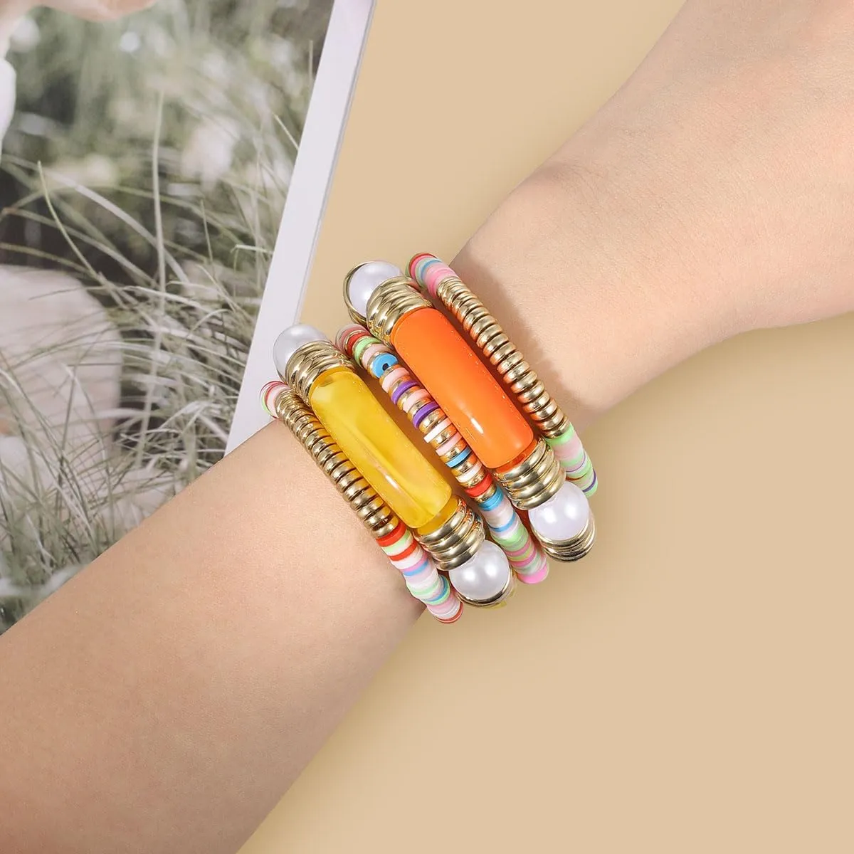 Bangles Bracelets for Women, Chunky Stretch Bangles Bracelets, Stackable Layered Curved Bamboo Tube Bracelet Set, Non Tarnish Silver Bracelets Jewelry Gifts