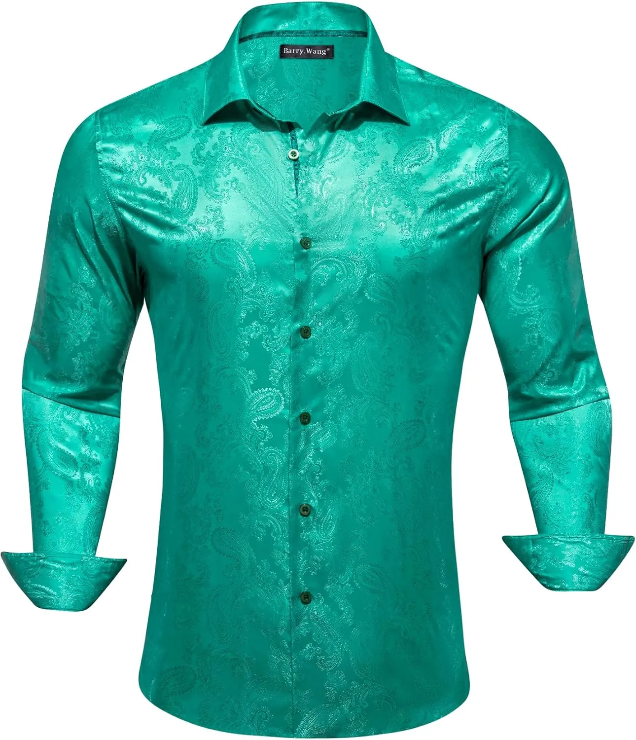 Barry.Wang Men's Floral Button Up Shirts Silk Long Sleeve Dress Shirt Satin Paisley Casual Party Wedding Western Prom Costume