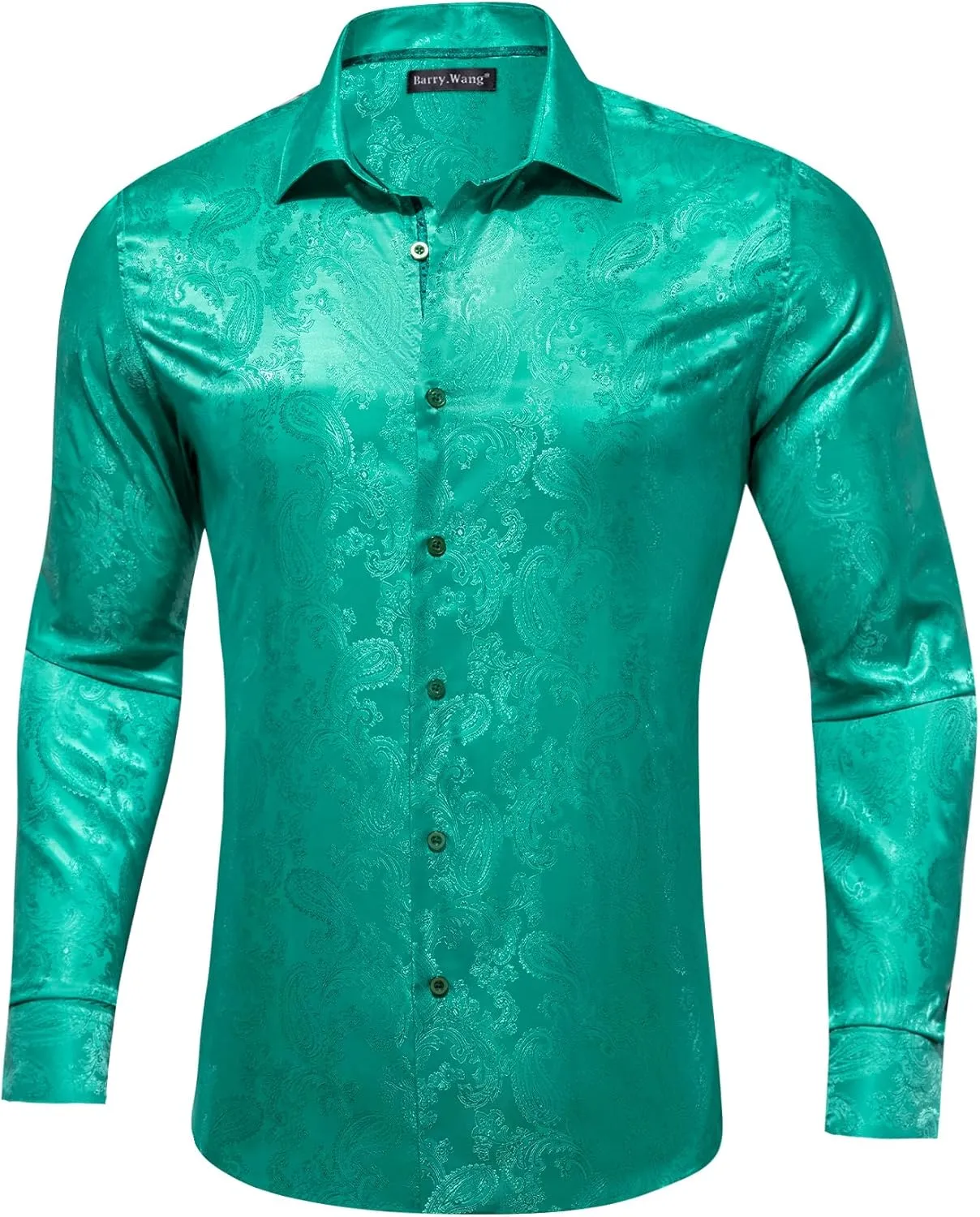 Barry.Wang Men's Floral Button Up Shirts Silk Long Sleeve Dress Shirt Satin Paisley Casual Party Wedding Western Prom Costume