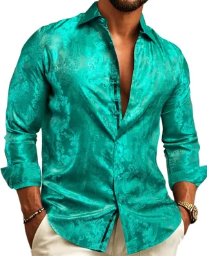 Barry.Wang Men's Floral Button Up Shirts Silk Long Sleeve Dress Shirt Satin Paisley Casual Party Wedding Western Prom Costume