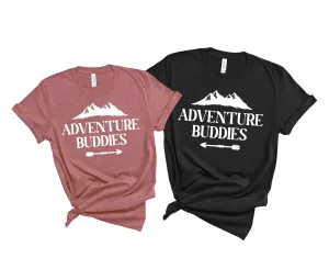 Couples Adventure Buddies T-Shirt, Matching Mountain Outfit for Women, Hiking Camping Tees, Vacation Camper Shirt, Forest Casual Print Short Sleeve Tops, Travel Clothes