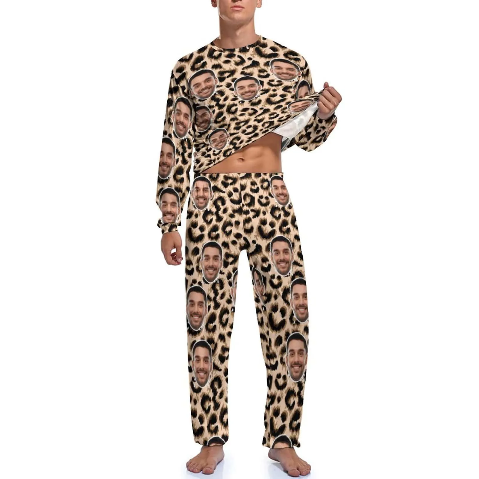 Custom Face Leopard Men's Pajamas Personalized Photo Sleepwear Sets Funny Nightwear for Him