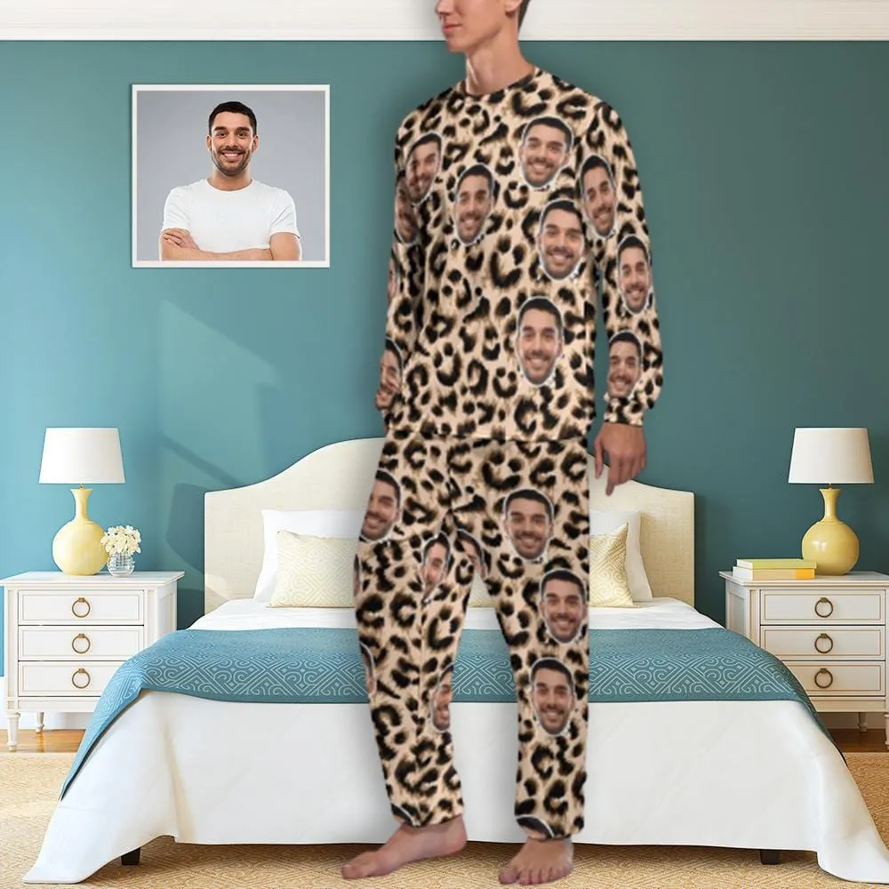 Custom Face Leopard Men's Pajamas Personalized Photo Sleepwear Sets Funny Nightwear for Him