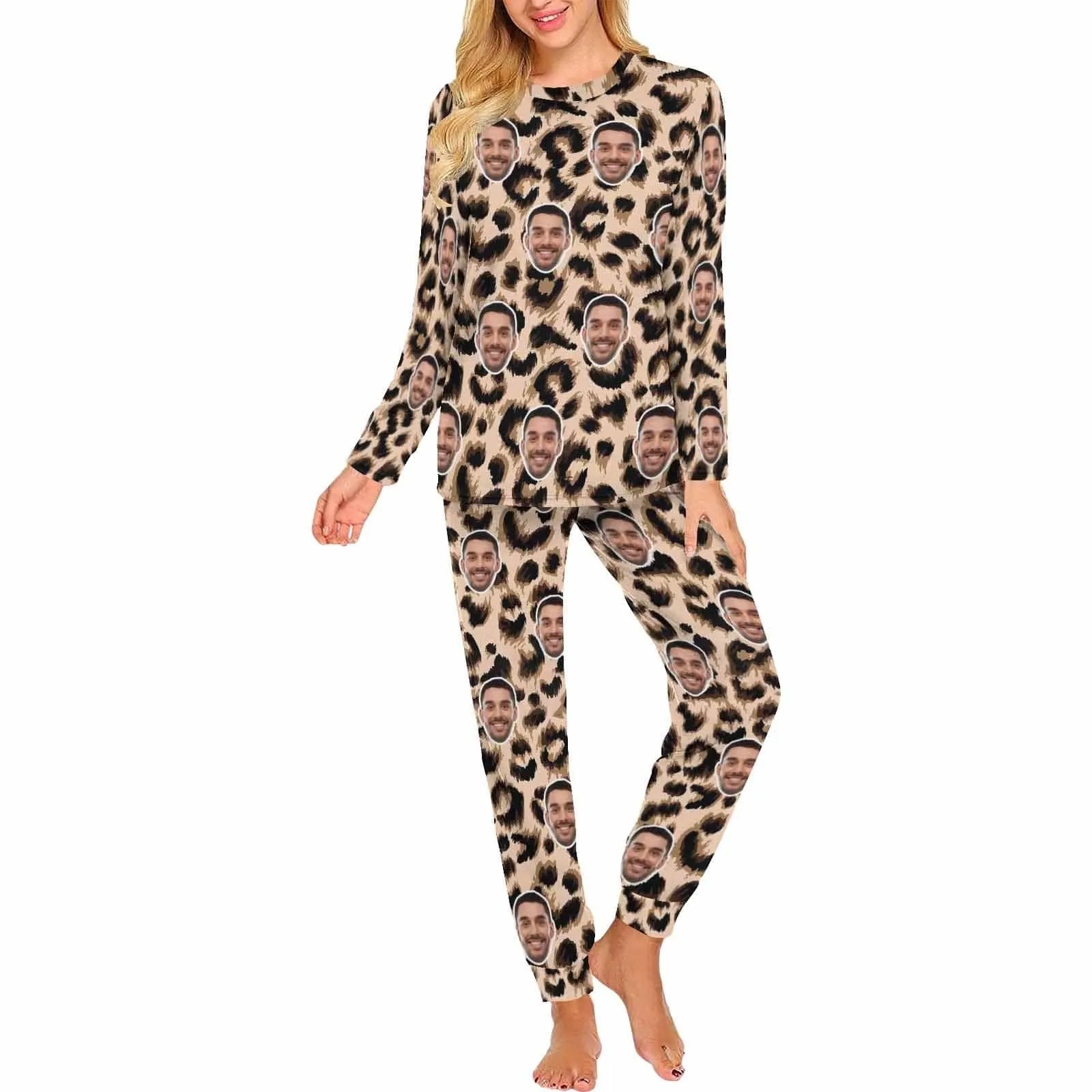 Custom Face Leopard Men's Pajamas Personalized Photo Sleepwear Sets Funny Nightwear for Him