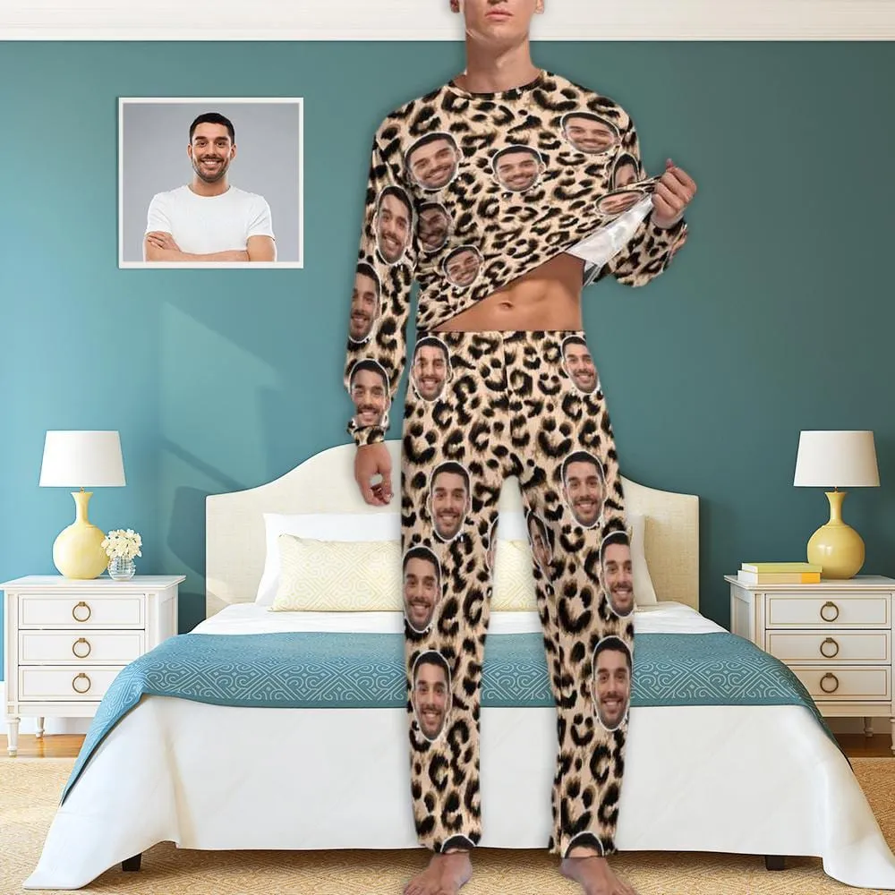 Custom Face Leopard Men's Pajamas Personalized Photo Sleepwear Sets Funny Nightwear for Him