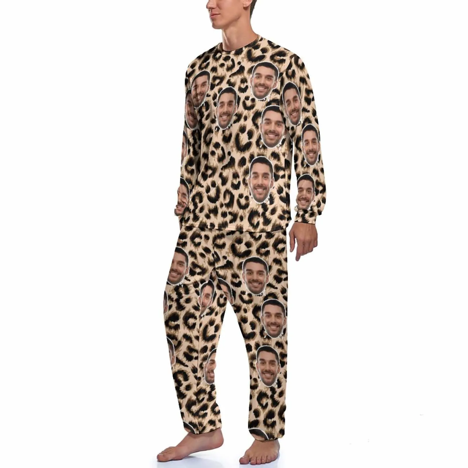 Custom Face Leopard Men's Pajamas Personalized Photo Sleepwear Sets Funny Nightwear for Him