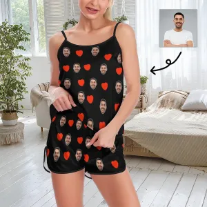 Custom Husband Face Cami Pajamas With Love Black Personalized Women's Sleepwear Set Honeymoon Gift