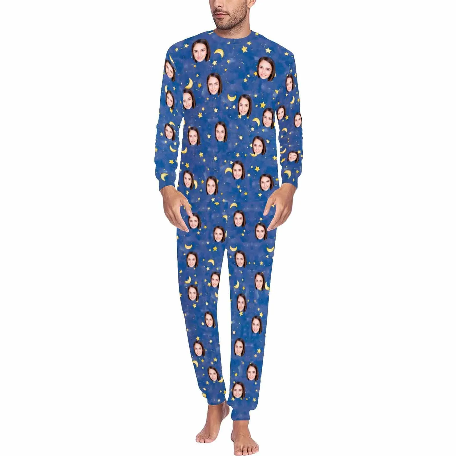 Custom Pajamas with Faces Blue Starry Sky Sleepwear Personalized Family Matching Long Sleeve Pajamas Set