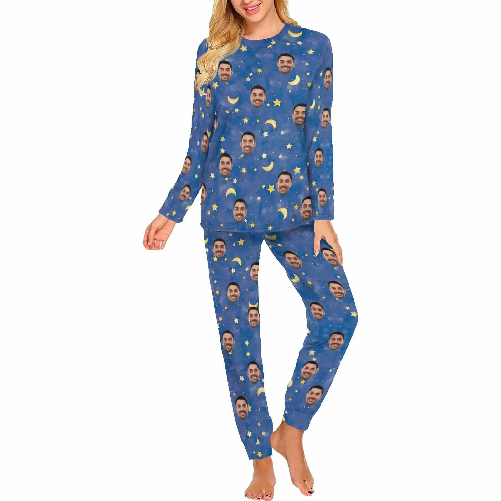 Custom Pajamas with Faces Blue Starry Sky Sleepwear Personalized Family Matching Long Sleeve Pajamas Set