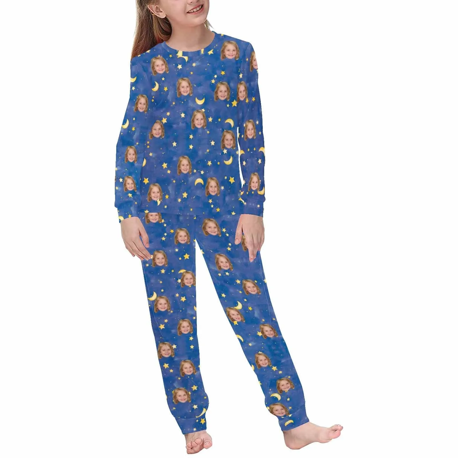 Custom Pajamas with Faces Blue Starry Sky Sleepwear Personalized Family Matching Long Sleeve Pajamas Set