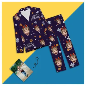 Custom Son Face Pajamas Purple Halloween Sleepwear Personalized Women's Slumber Party Long Pajama Set