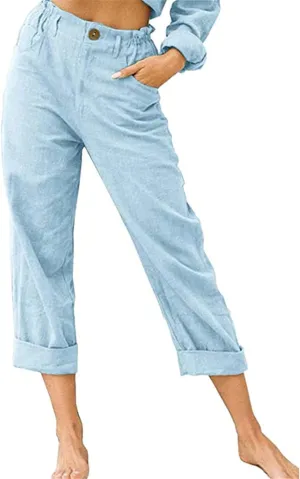 DGHM-JLMY Ladies Solid Cotton Linen Loose Casual Pants High Waist Wide Leg Summer Crop Dress Pants Stretch Pull On Capris