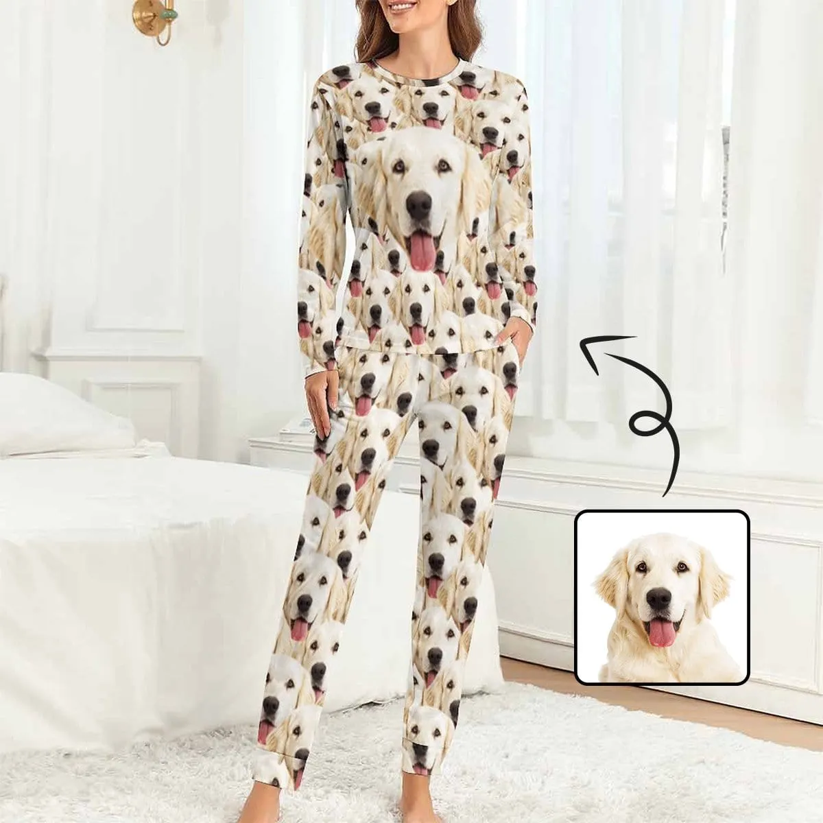 Dog Face Pajamas Custom Pet's Face Seamless Family Matching Long Sleeve Pajama Set Personalized Photo Loungewear