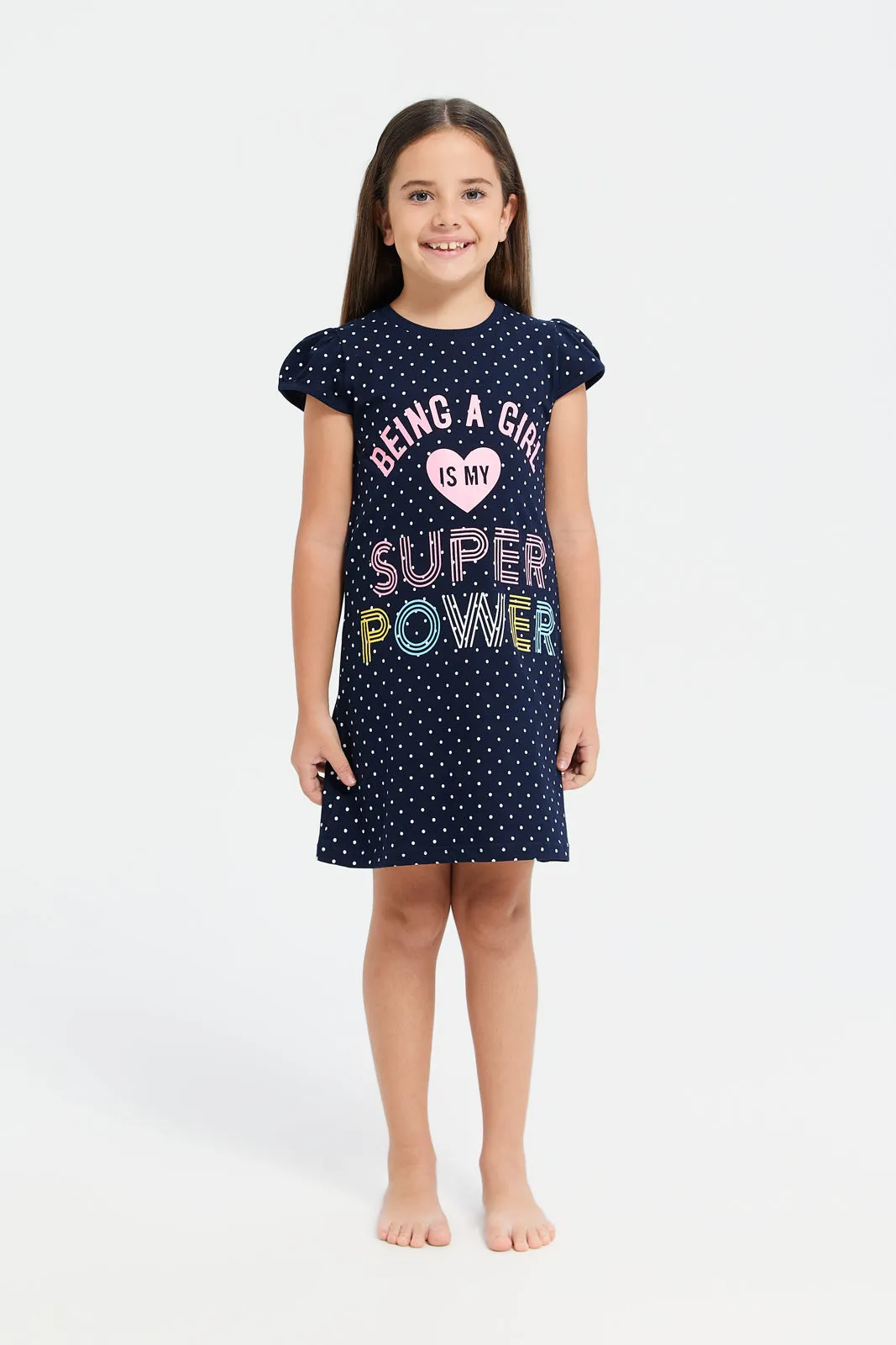 Girls Navy Printed Night Dress