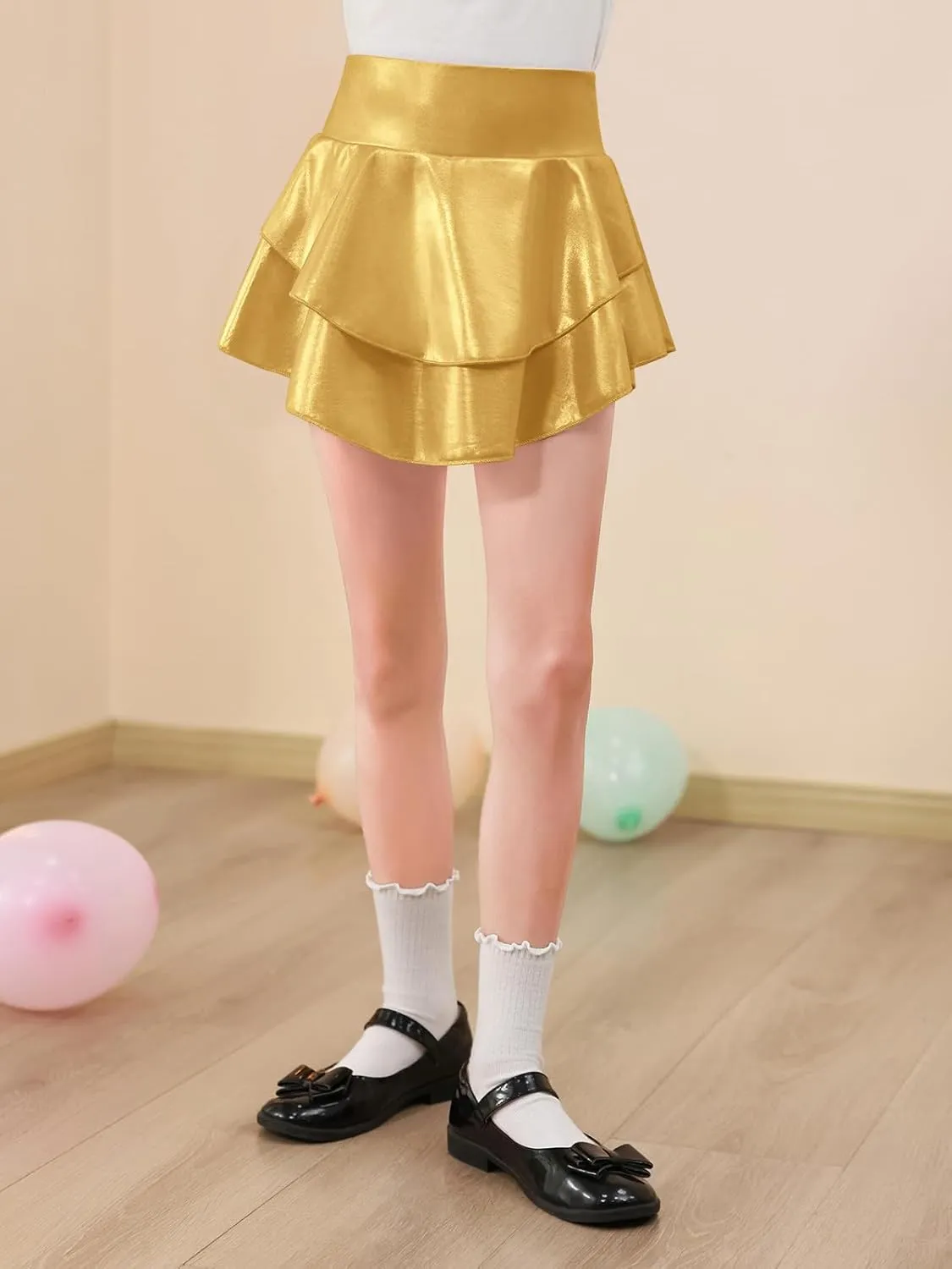 Haloumoning Girls Metallic Skater Skort Kids High Waisted Shiny Dance Scooter Skirt 4-14 Years