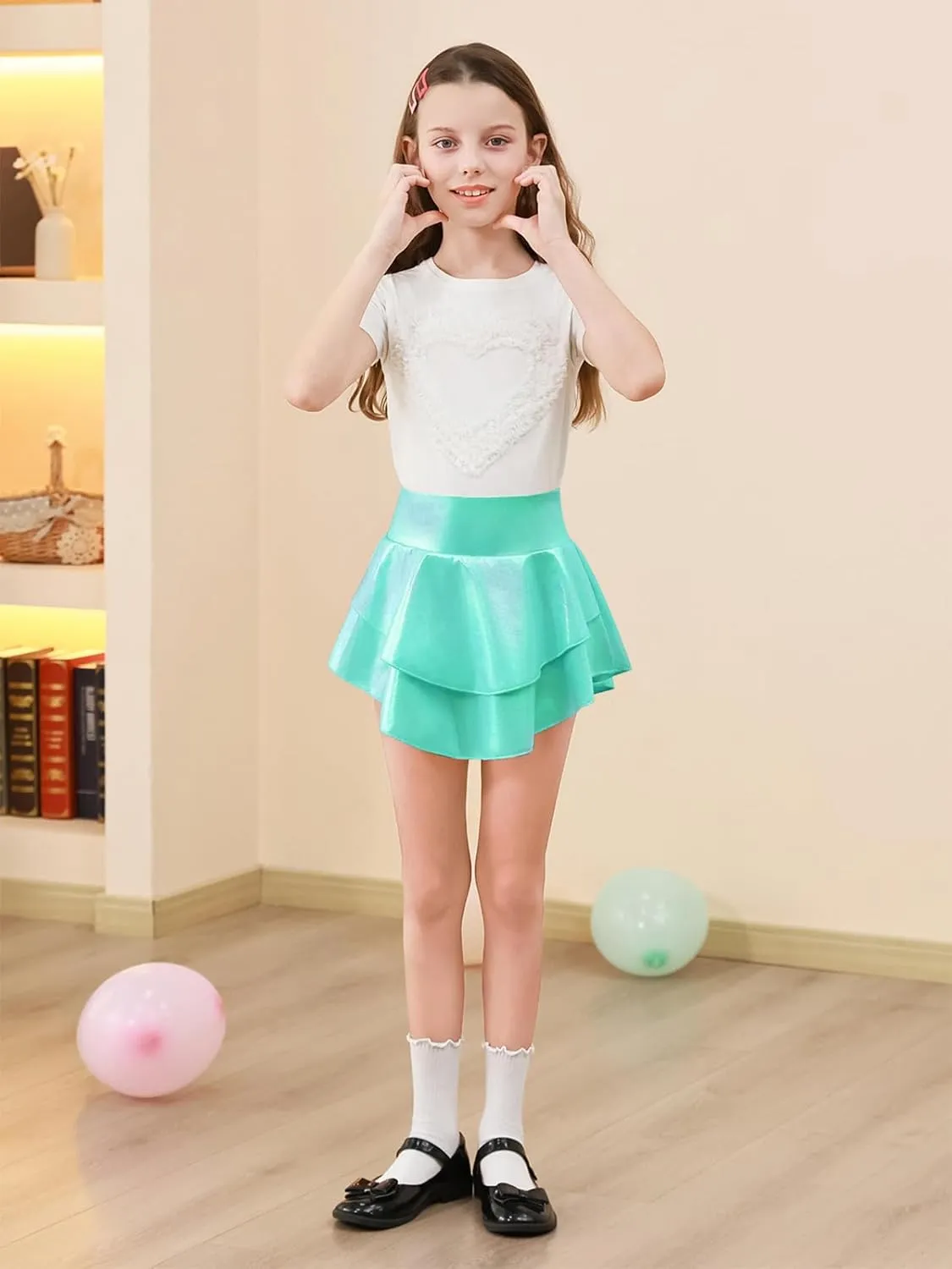 Haloumoning Girls Metallic Skater Skort Kids High Waisted Shiny Dance Scooter Skirt 4-14 Years