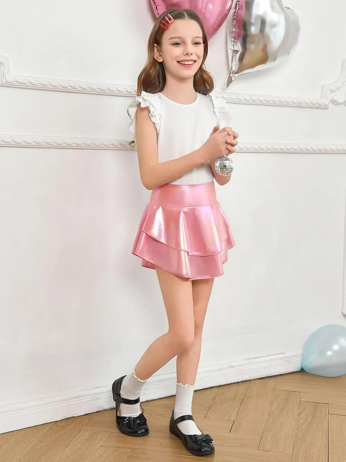 Haloumoning Girls Metallic Skater Skort Kids High Waisted Shiny Dance Scooter Skirt 4-14 Years