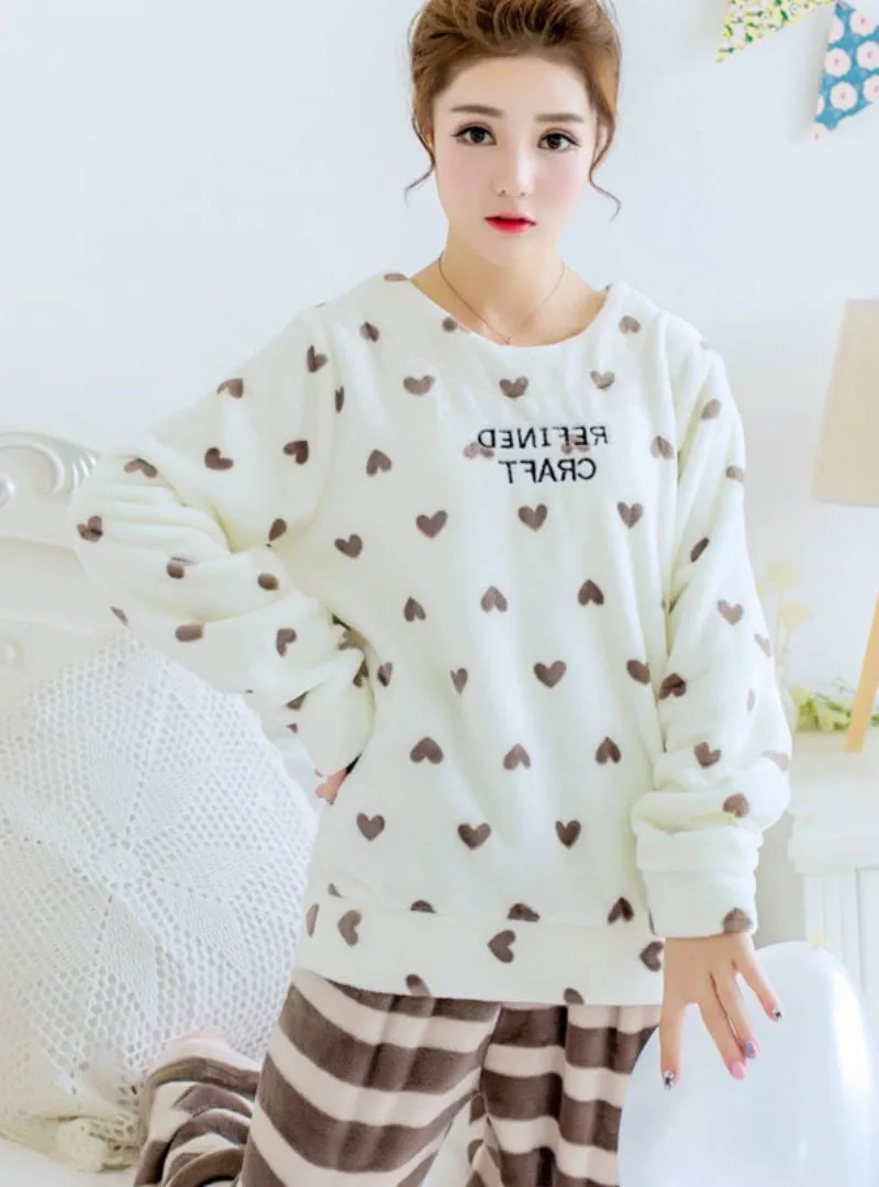 Heart Pyjamas Sets Thick Warm Coral Velvet Suit