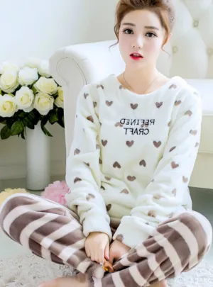 Heart Pyjamas Sets Thick Warm Coral Velvet Suit