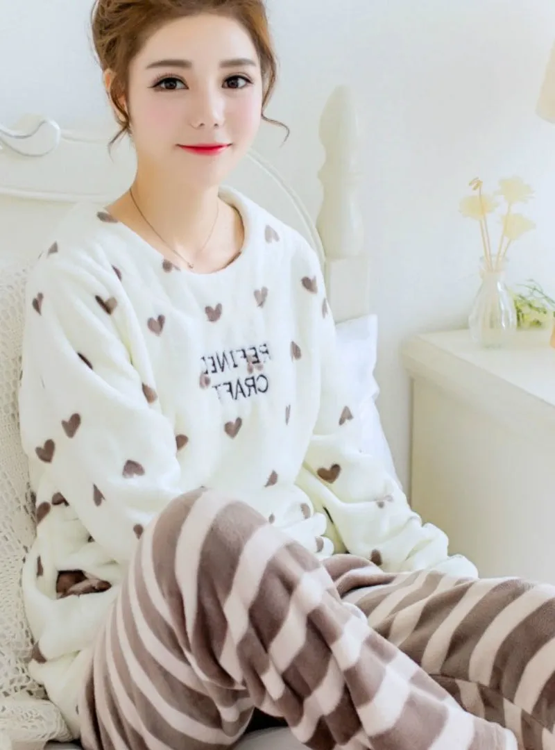 Heart Pyjamas Sets Thick Warm Coral Velvet Suit