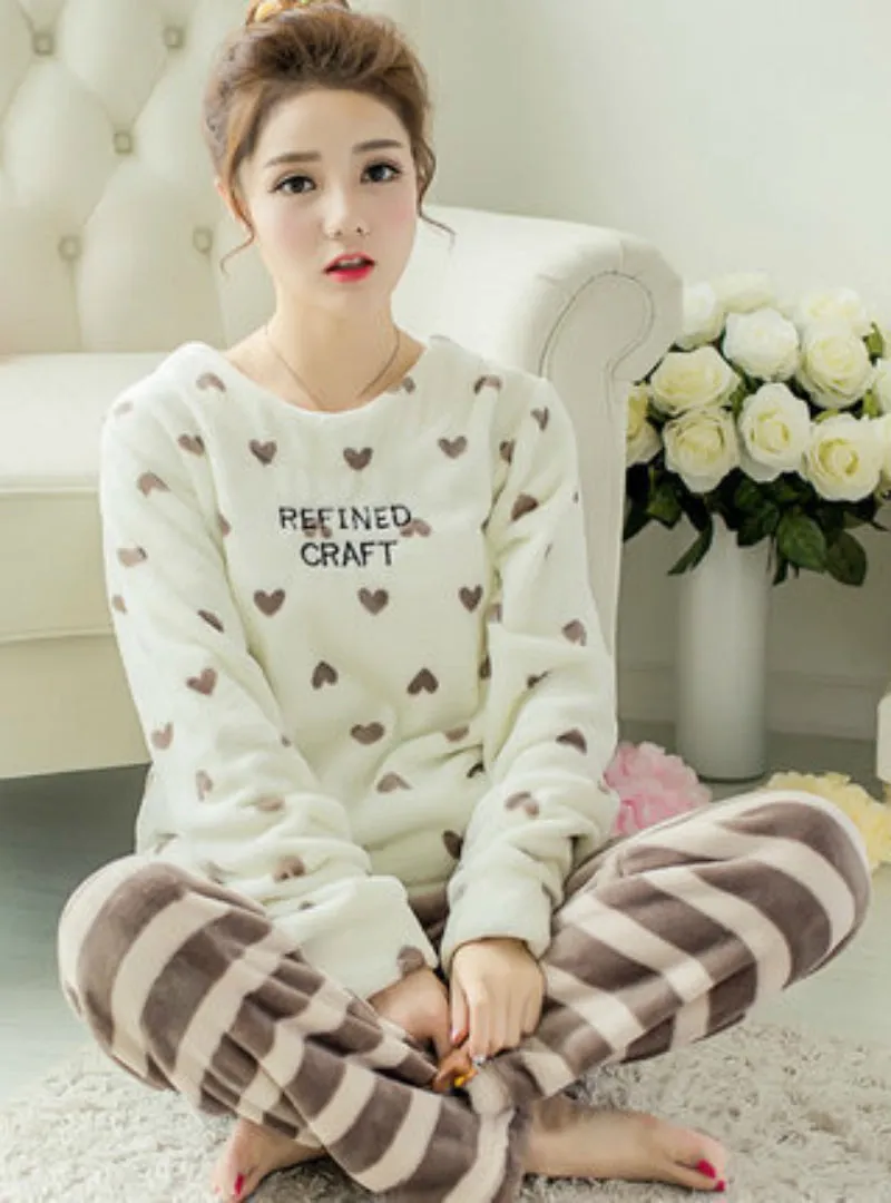 Heart Pyjamas Sets Thick Warm Coral Velvet Suit