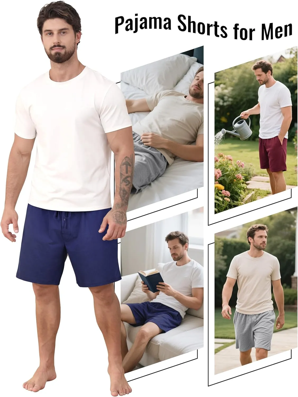 IHU 3 Pack Men's Cotton Pajama Shorts - Soft Sleepwear & Lounge Bottoms with Drawstring & Pockets Sleep Shorts for Men
